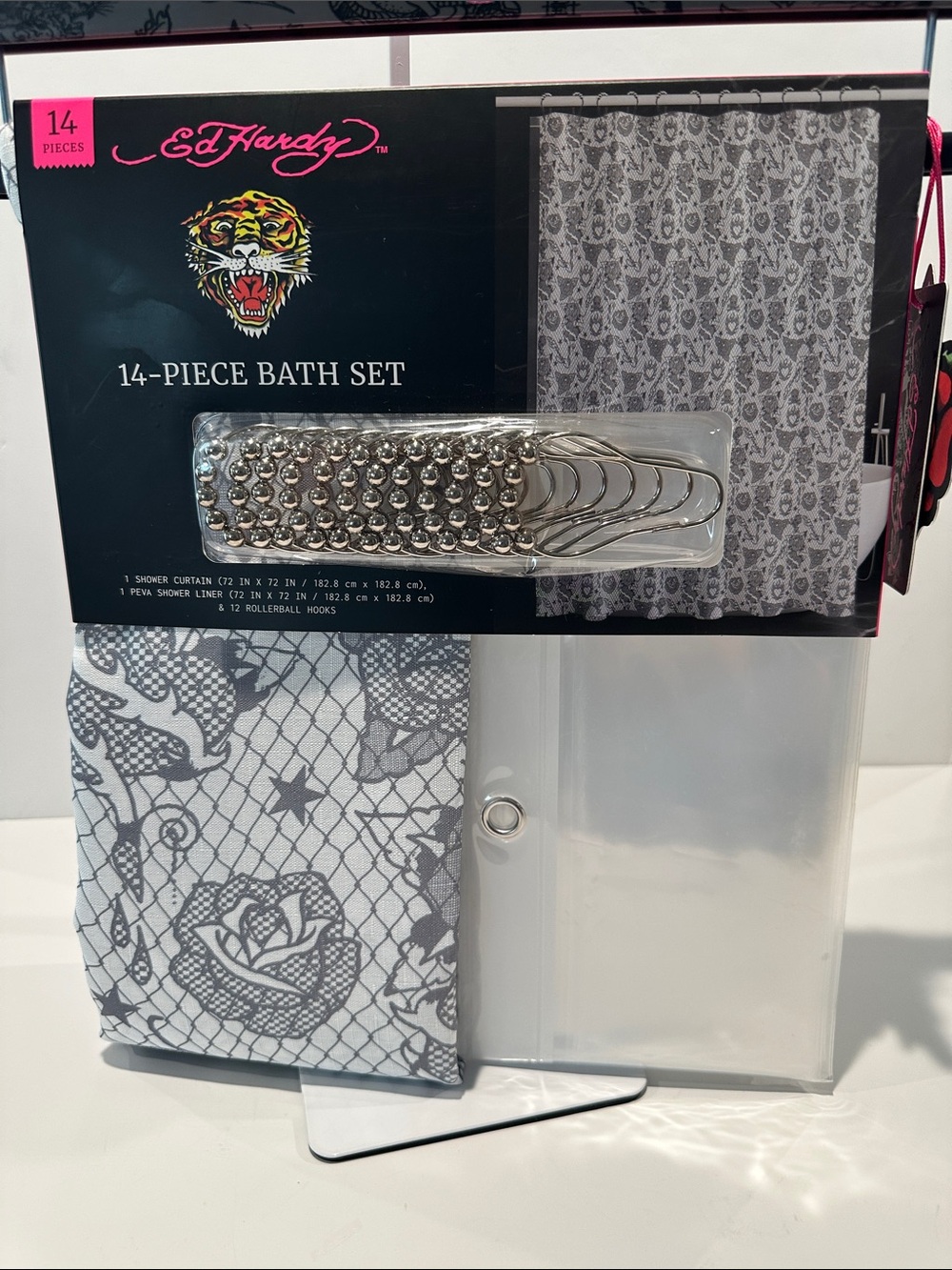 NWT Ed Hardy Black & Gray (14) Piece Shower Curtain Set with Fabric/Plastic.
